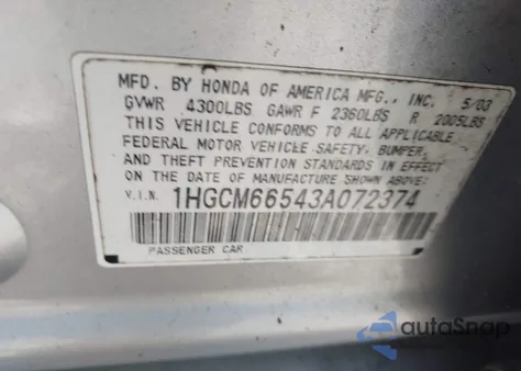 2003 Honda Accord 3.0 Ex from USA, damaged, VIN 1HGCM66543A072374